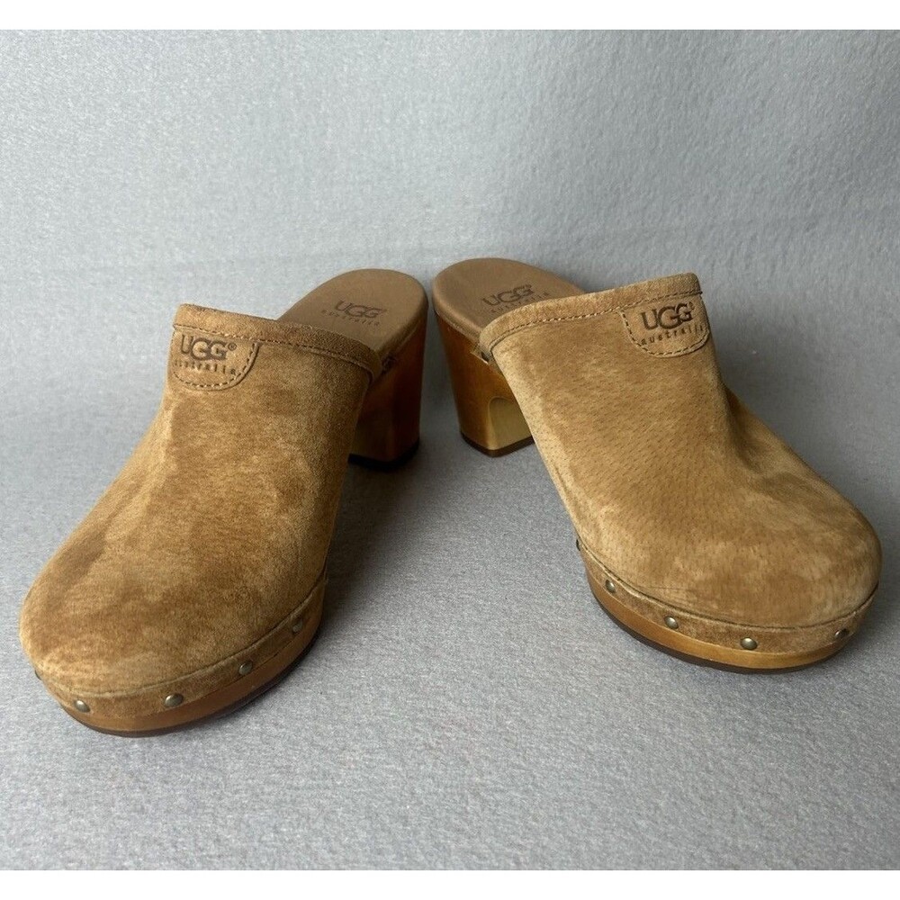 UGG Abbie Suede Studded Wood Heel Clogs Sheepskin Sz 6 EU 37 Boho Festival
